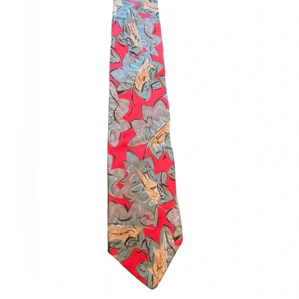 ❤️CHRISTIAN DIOR stylish vintage colorful men’s silk tie. Red. tan, Gray-teal.